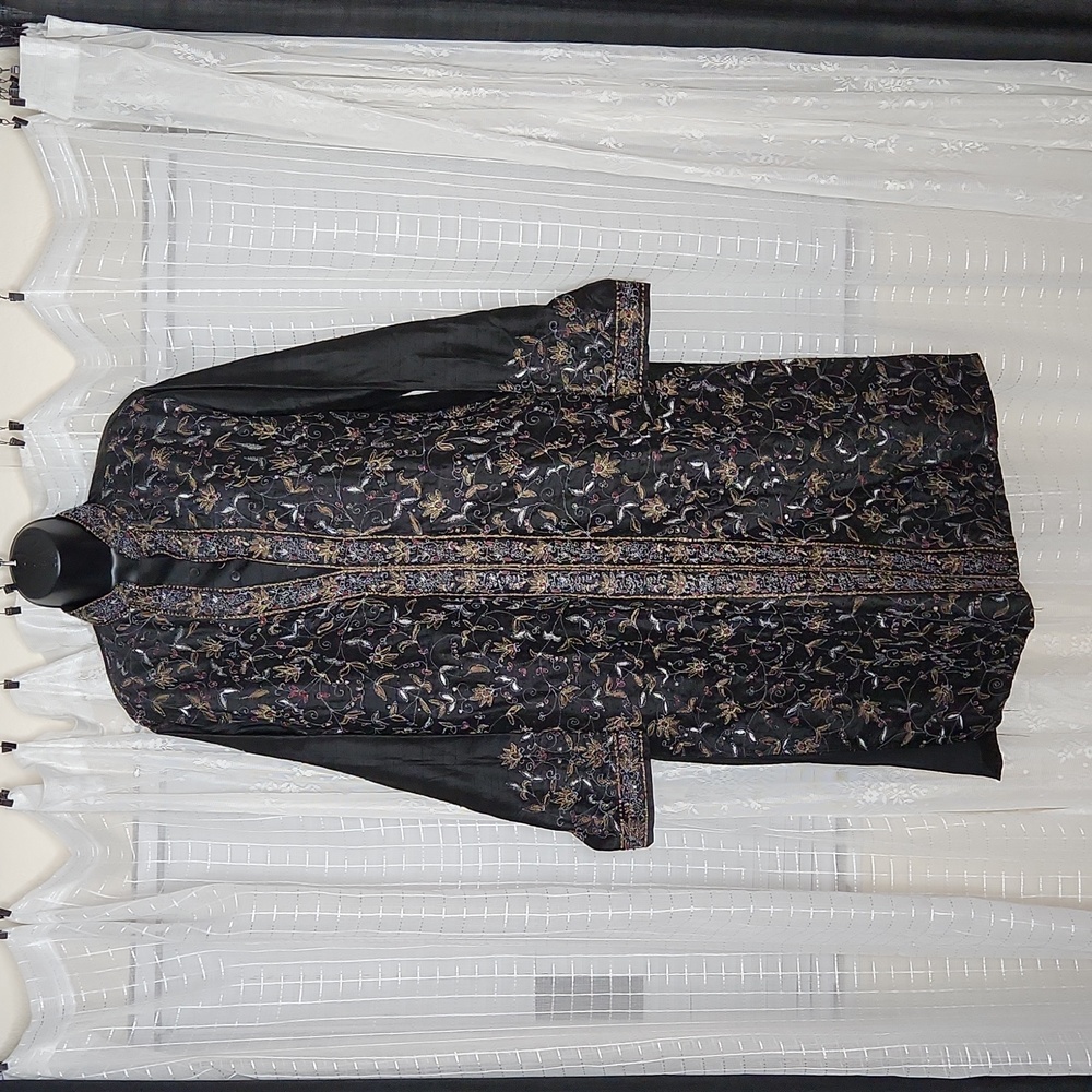 Boho Silk Blend Black Gothic Vampy Long Sleeve Tunic Dress W/ Floral Embroidery